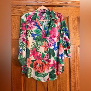 Haver. London Floral Button-Down Shirt in White with Pink, Green & Blue Print